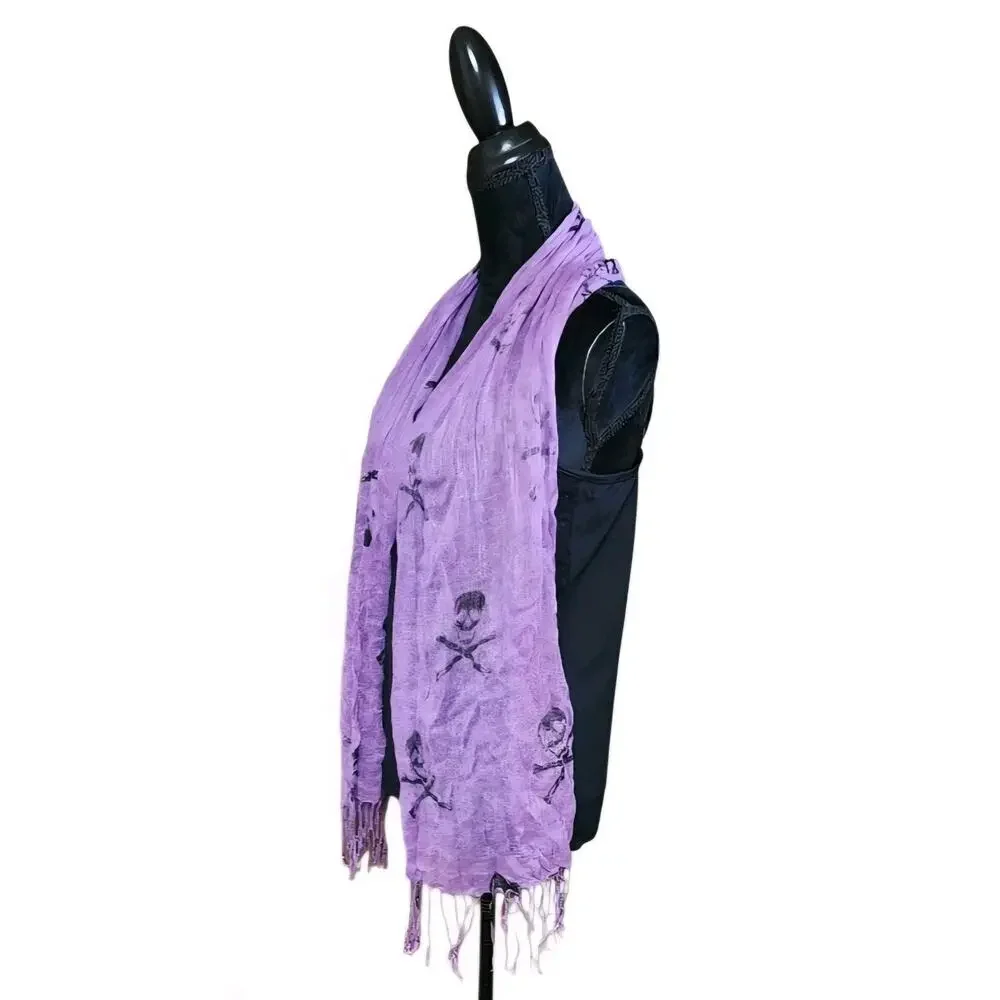 Women's Purple Skull & Bones Punk Rock Halloween Scarf Wrap Shawl, Fringe Edge